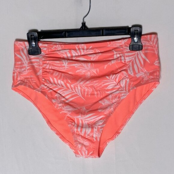 5/$25 Women’s Neon Coral White Tropical Print High Waist Bikini Bottoms L - Picture 1 of 9